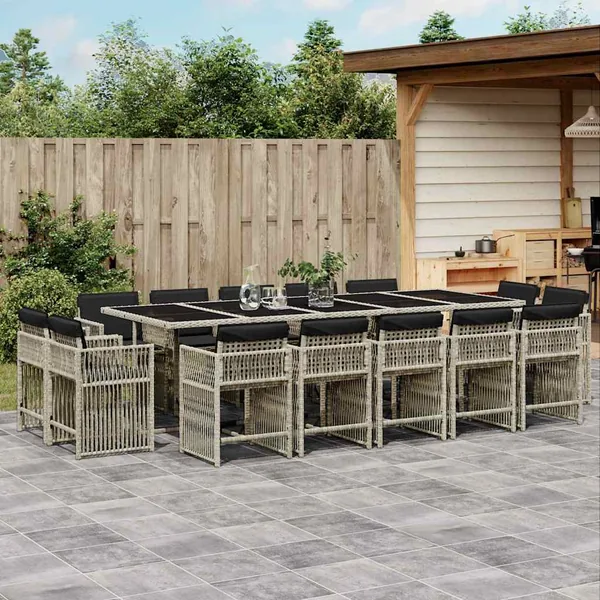 Ensemble à manger de jardin et coussins 15 pcs gris clair rotin