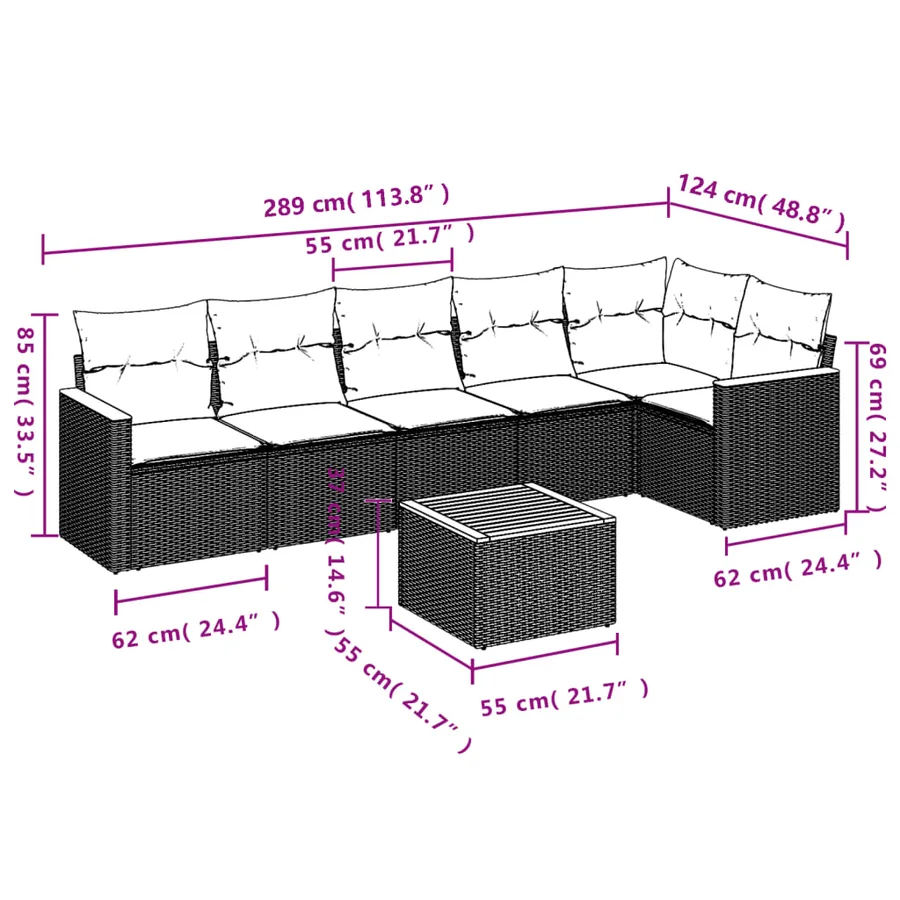 Salon de jardin 7 pcs avec coussins noir résine tressée 62 x 62 x 69 cm - 55,6 kg - 8