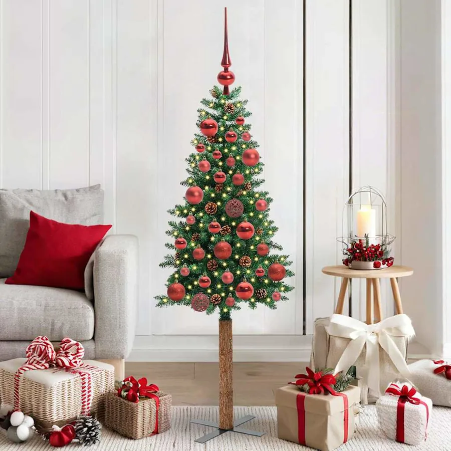 Sapin de Noël mince Vert 150 cm PVC et bois de pin massif
