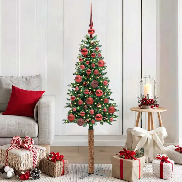 Sapin de Noël mince Vert 150 cm PVC et bois de pin massif