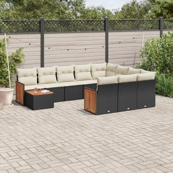 Salon de jardin 11 pcs avec coussins noir résine tressée