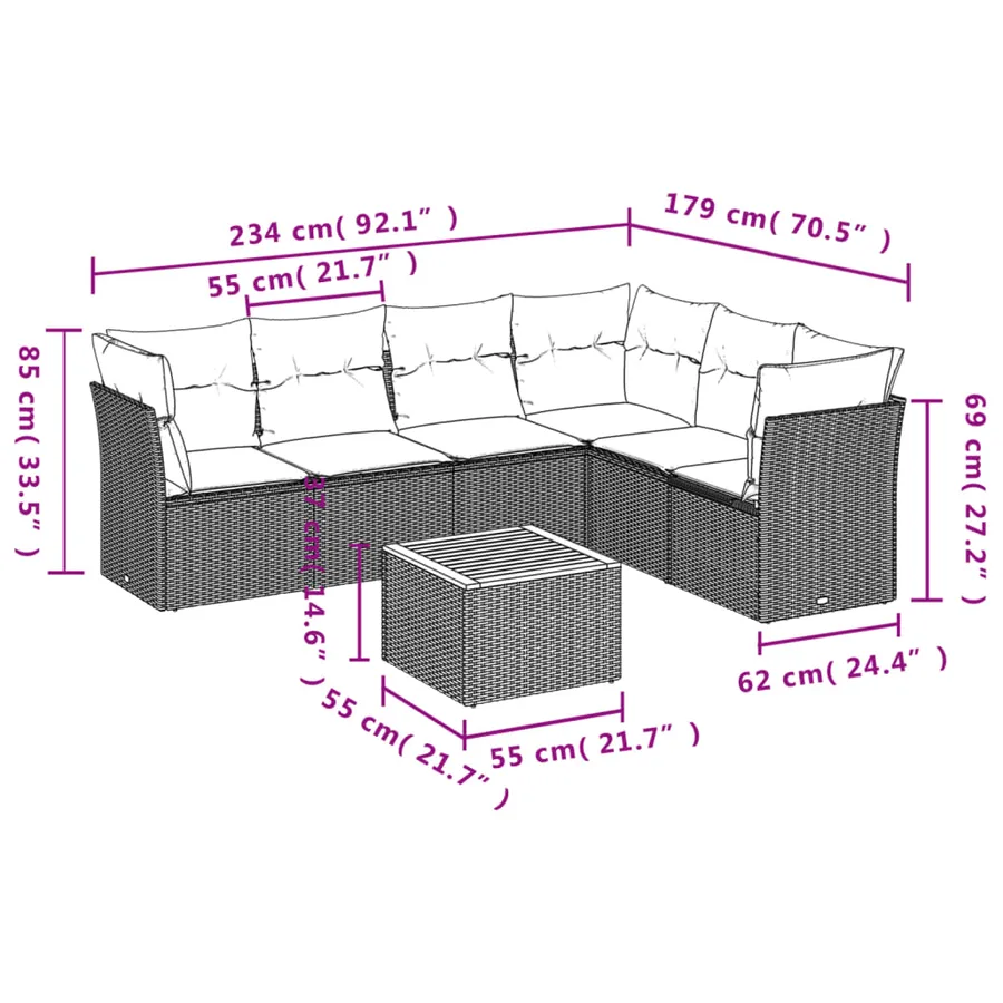 Salon de jardin 7 pcs avec coussins noir résine tressée 62 x 62 x 69 cm - 56,4 kg - 3