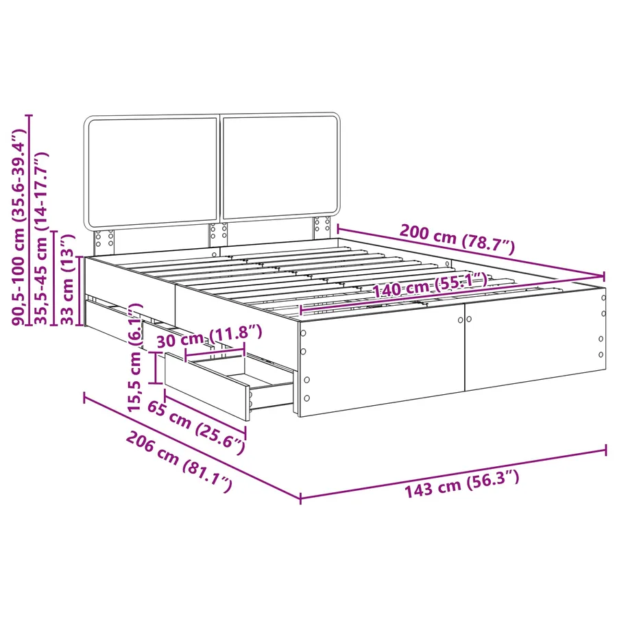 Cadre de lit Chêne fumé 140 x 200 cm Bois Ingénierie - 14