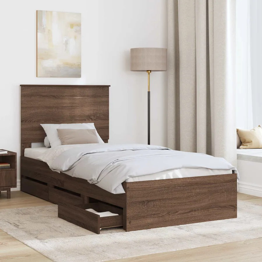 Cadre de lit avec tiroir Chêne brun 75 x 190 cm Bois Ingénierie - 3