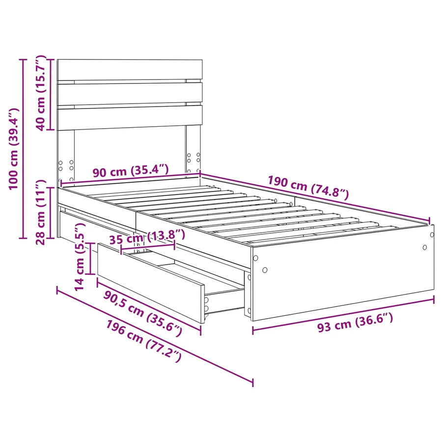 Lit de Rangement Gris Sonoma 90 x 190 cm Bois d'ingénierie - 14