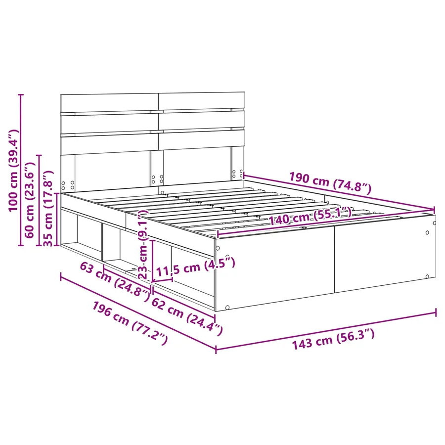 Cadre de lit Bois ancien 140 x 190 cm Pin massif - 13