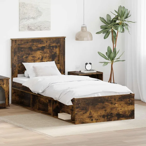 Cadre de lit avec tête de lit Chêne fumé 75 x 190 cm Pin massif