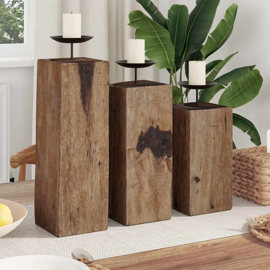 Bougeoir 3 pcs Naturel Bois massif de récupération