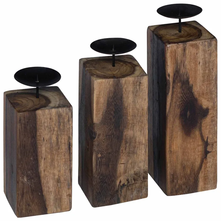 Bougeoir 3 pcs Naturel Bois massif de récupération - 2