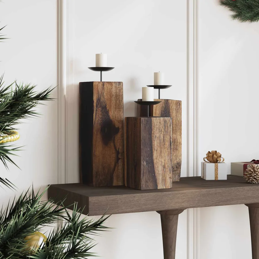 Bougeoir 3 pcs Naturel Bois massif de récupération - 3