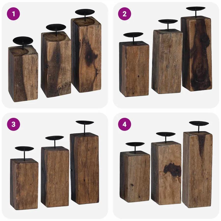 Bougeoir 3 pcs Naturel Bois massif de récupération - 4