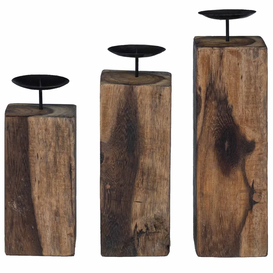 Bougeoir 3 pcs Naturel Bois massif de récupération - 5
