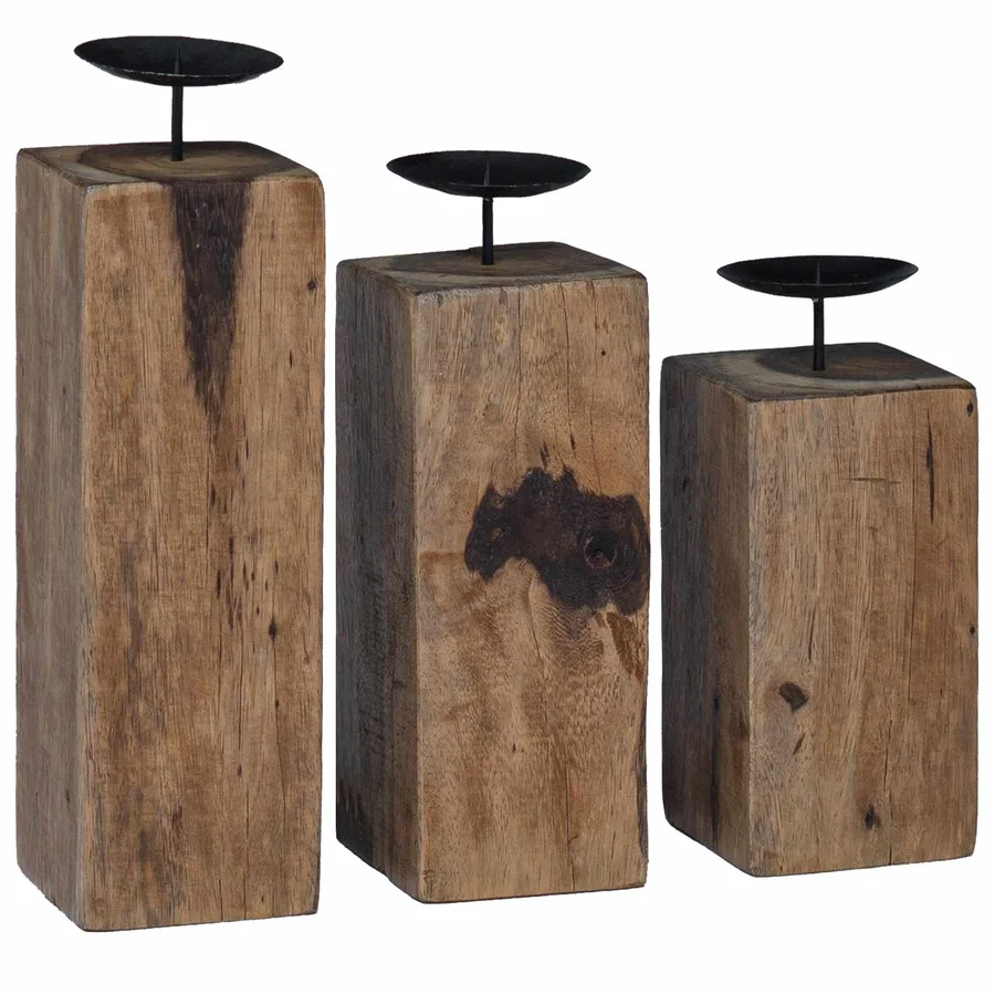 Bougeoir 3 pcs Naturel Bois massif de récupération - 7