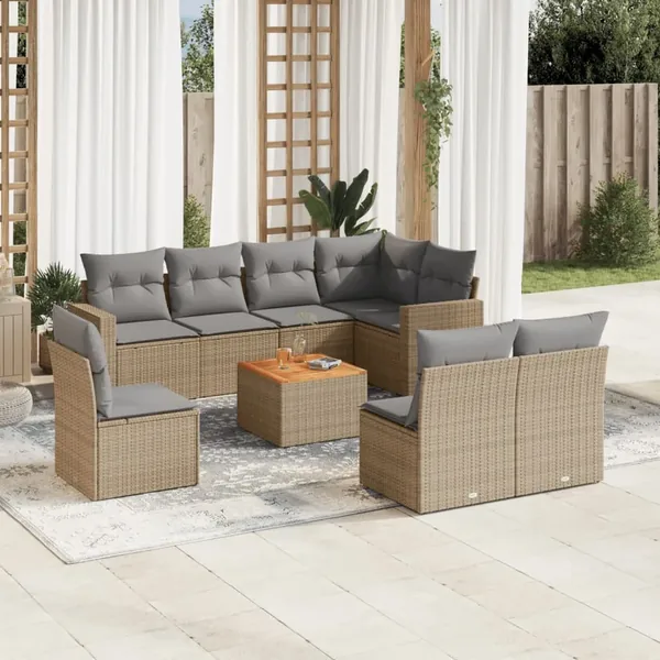 Salon de jardin avec coussins 9 pcs beige résine tressée