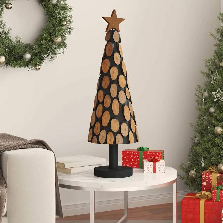 Sapin de Noël avec support Marron 90 cm Bois de teck solide - 3