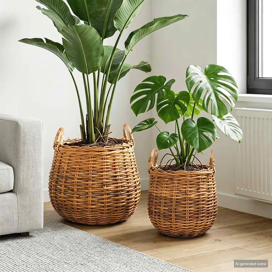 Panier à Plantes avec stockage 2 pc Brun Naturel Rattan Kubu