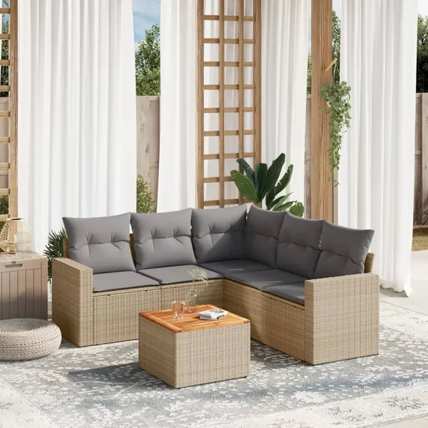 Salon de jardin avec coussins 6 pcs beige résine tressée