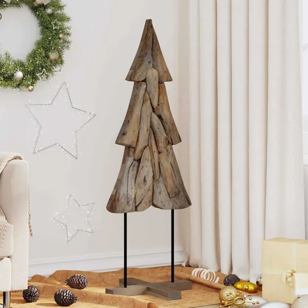 Sapin de Noël avec support Marron 121 cm Bois de teck solide