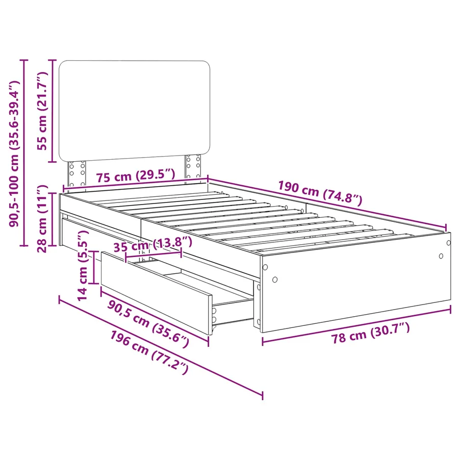 Lit de Rangement Chêne fumé 75 x 190 cm Bois d'ingénierie - 14