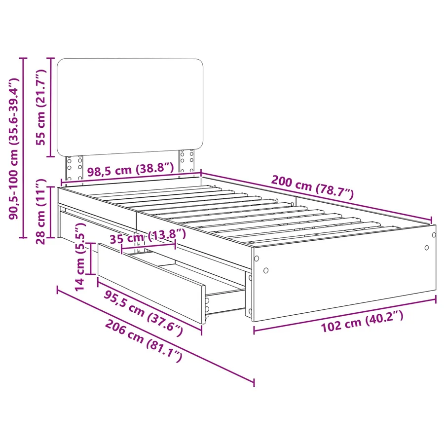 Lit de Rangement Chêne fumé 100 x 200 cm Bois d'ingénierie - 14
