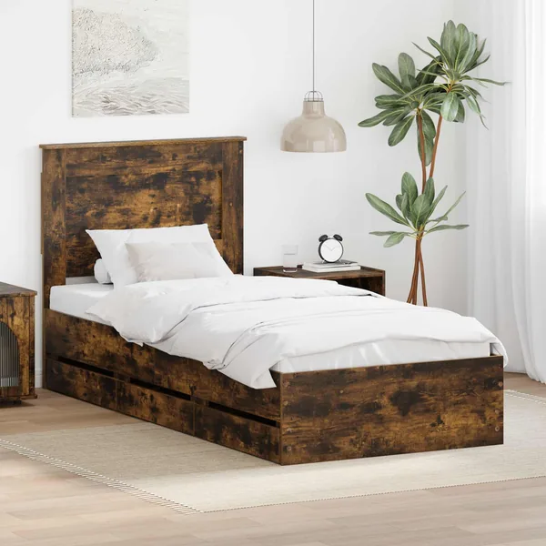 Cadre de lit avec tiroir Chêne fumé 90 x 190 cm Bois Ingénierie