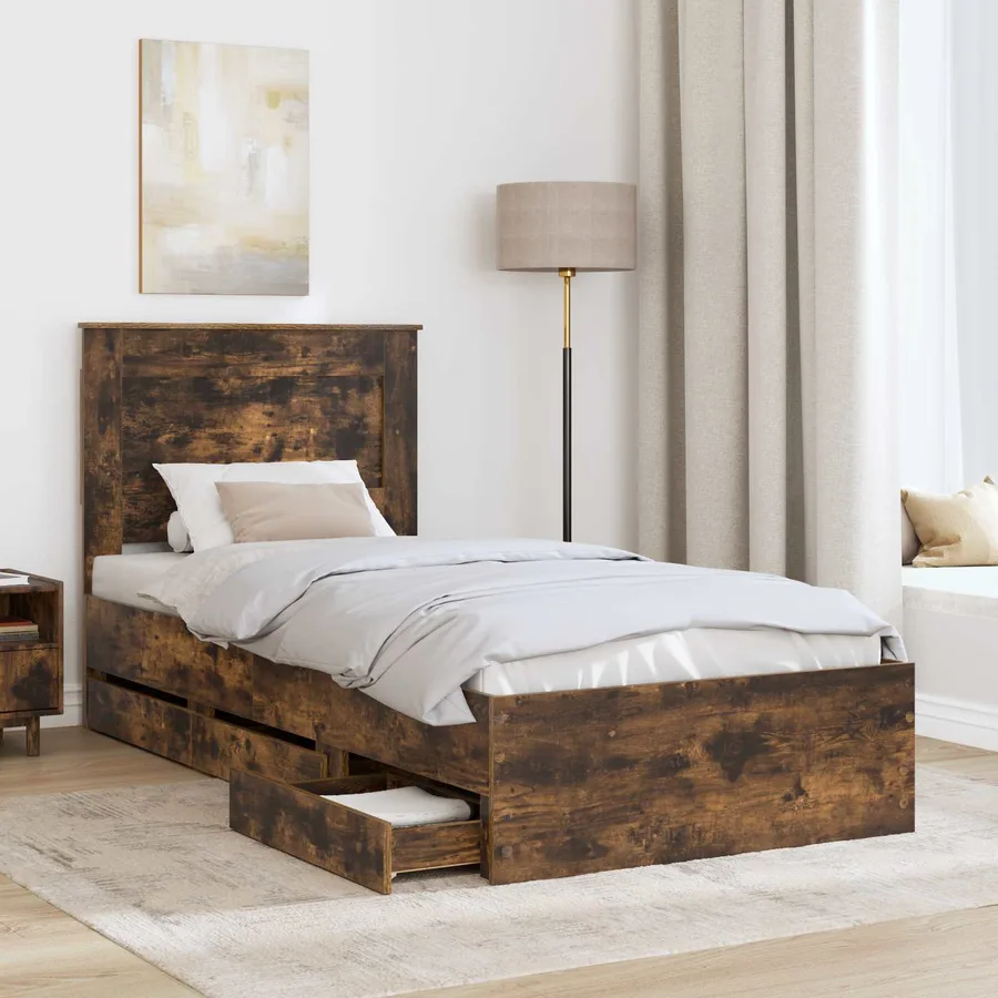 Cadre de lit avec tiroir Chêne fumé 90 x 190 cm Bois Ingénierie - 3