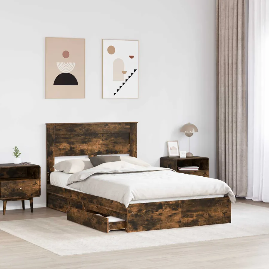 Lit de Rangement Chêne fumé 135 x 190 cm Bois d'ingénierie - 3