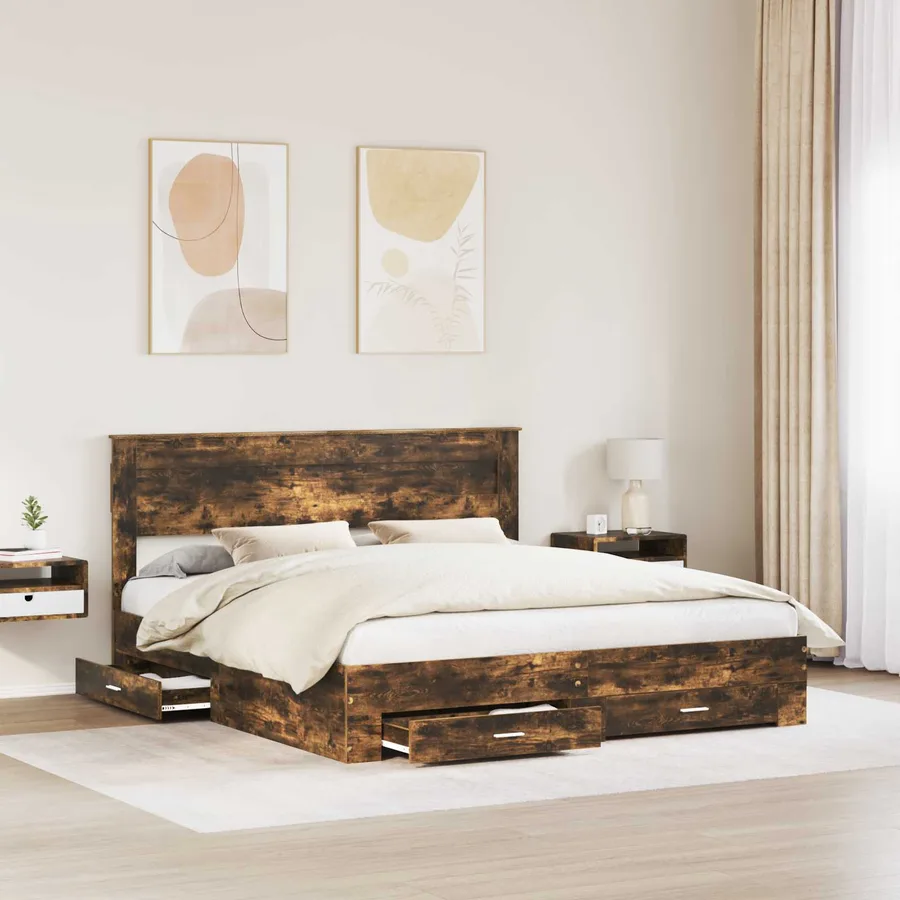 Cadre de lit Chêne fumé 200 x 200 cm Bois d'ingénierie - 3