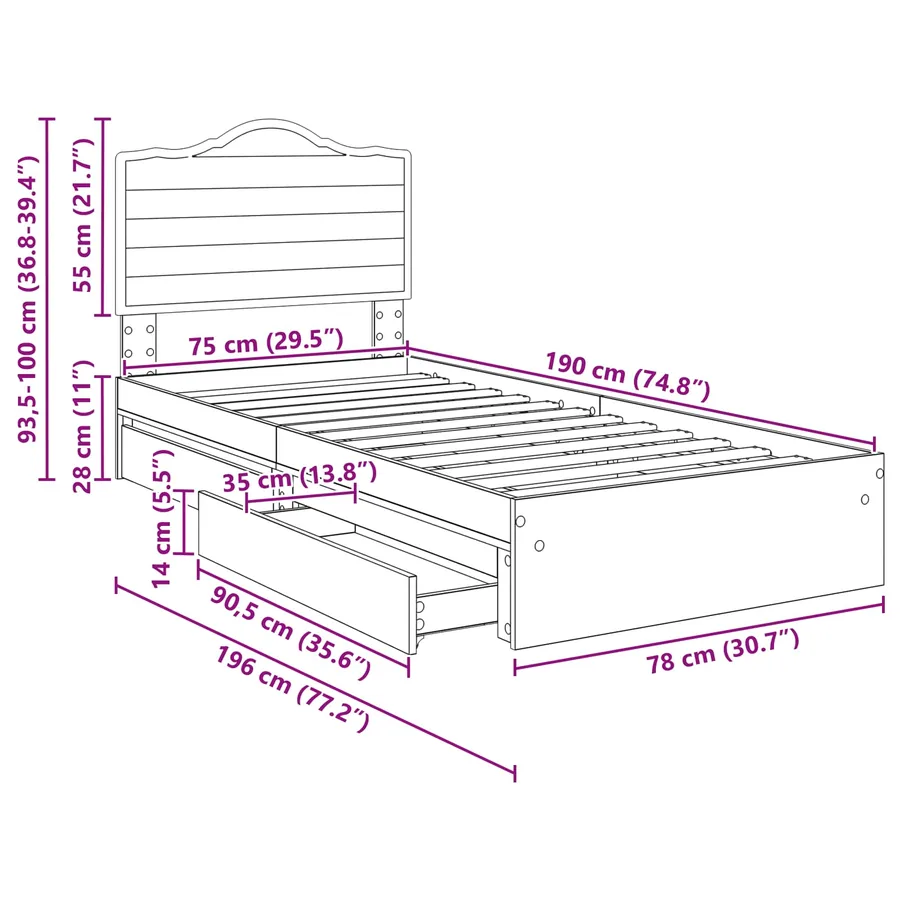Lit de Rangement avec tiroir Noir 70 x 190 cm Bois d'ingénierie - 14