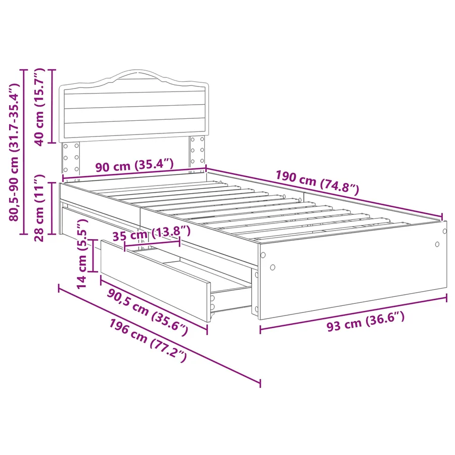 Lit de Rangement Chêne fumé 90 x 190 cm Bois d'ingénierie - 14