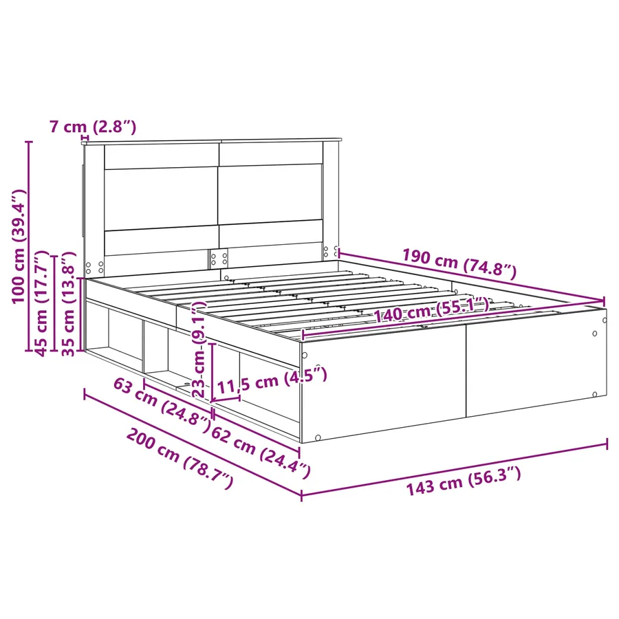 Cadre de lit Bois ancien 140 x 190 cm Pin massif - 11