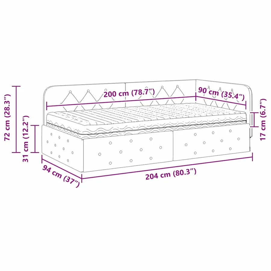 Cadre de lit d'angle Noir 90 x 200 cm tissu - 14