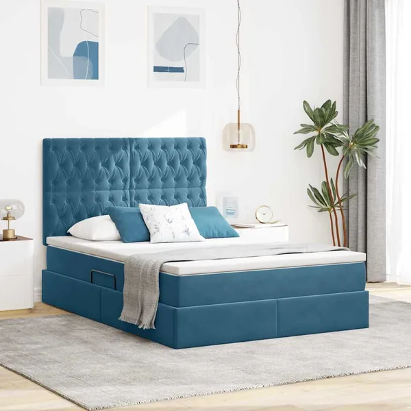 Lit avec rangement et matelas Bleu foncé 140 x 200 cm Velours