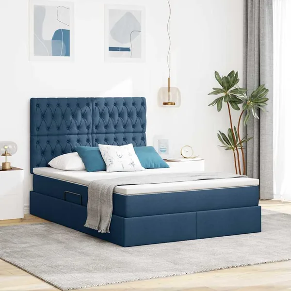 Lit de rangement LED avec matelas Bleu 140 x 200 cm Tissu