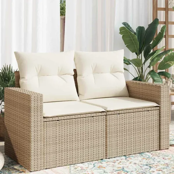Canapé de jardin avec coussins 2 places beige résine tressée