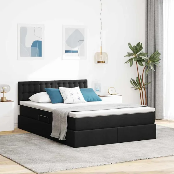 Lit de rangement LED avec matelas Noir 140 x 200 cm Tissu