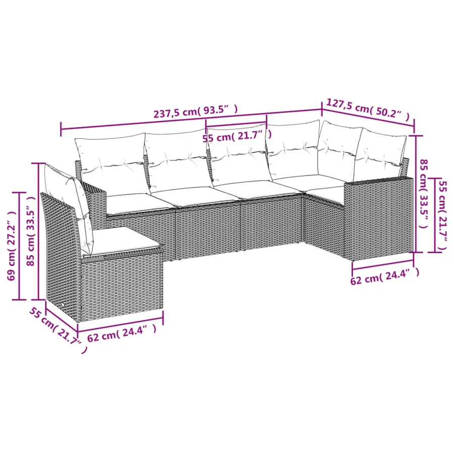 Salon de jardin 6 pcs avec coussins noir résine tressée - 3
