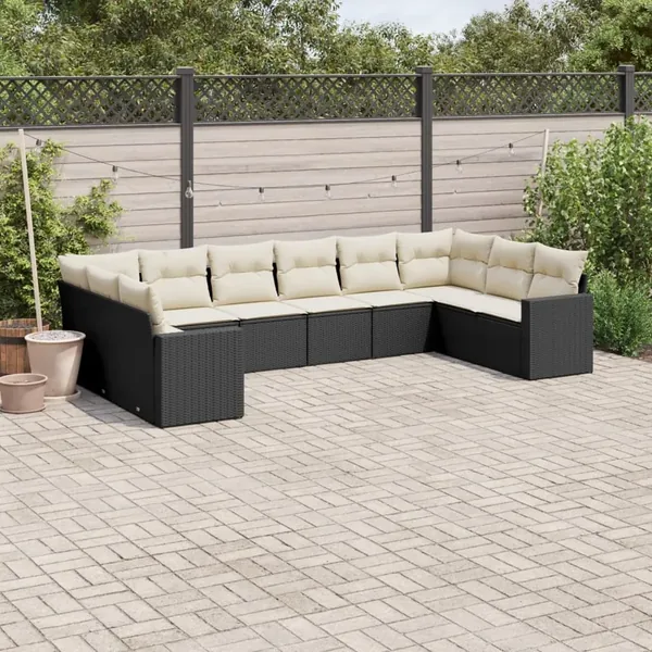 Salon de jardin 10 pcs avec coussins noir résine tressée