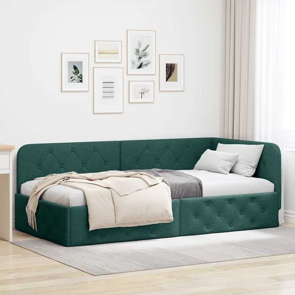 Cadre de lit d'angle Vert foncé 90 x 190 cm tissu