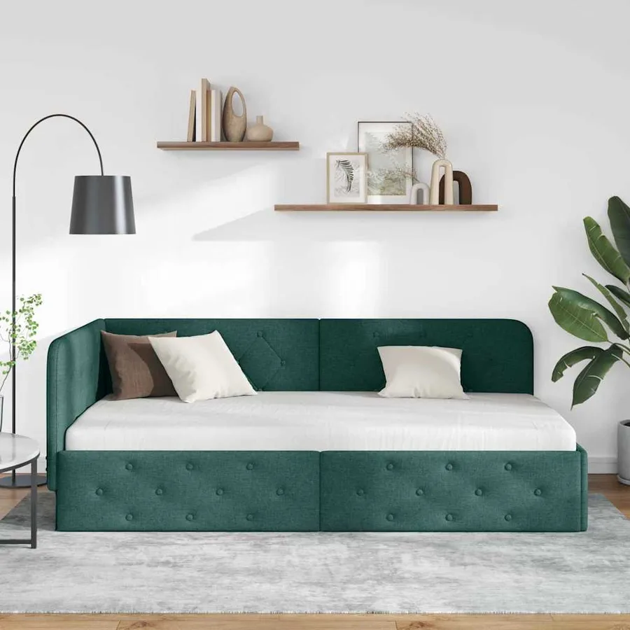 Cadre de lit d'angle Vert foncé 90 x 190 cm tissu - 4