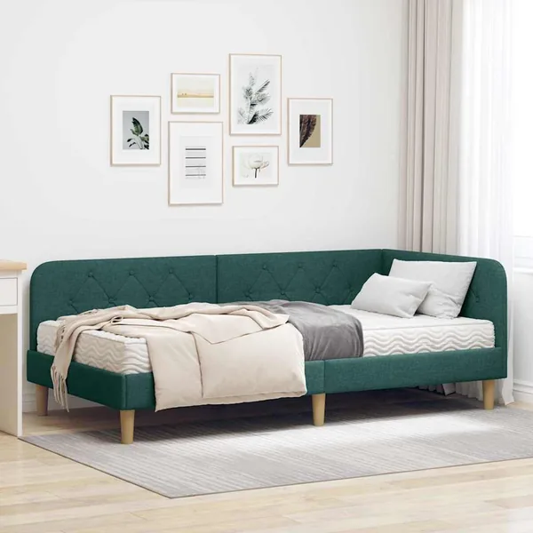 Cadre de lit d'angle Vert foncé 90 x 200 cm tissu