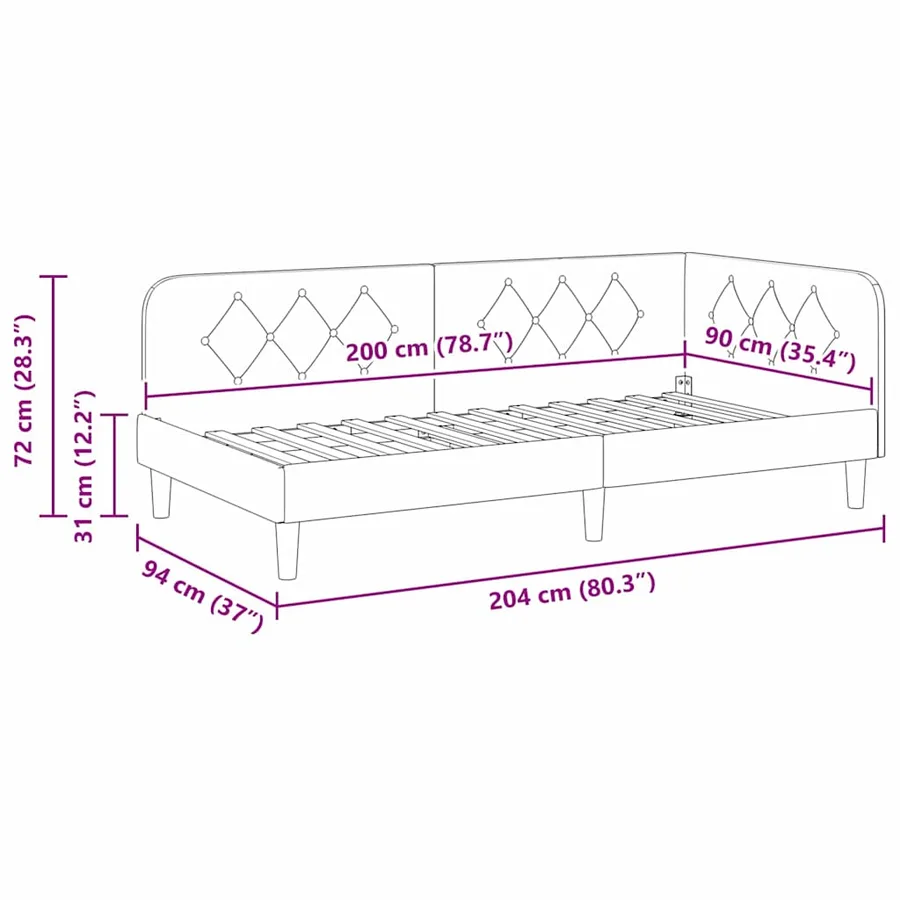 Cadre de lit d'angle Bordeaux 90 x 200 cm Velours - 11