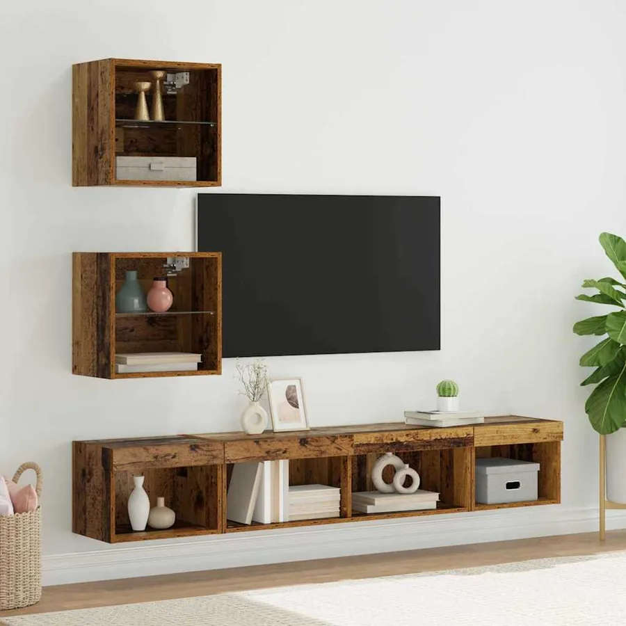Unités murales TV avec LED 5 pcs Bois ancien Bois d'ingénierie