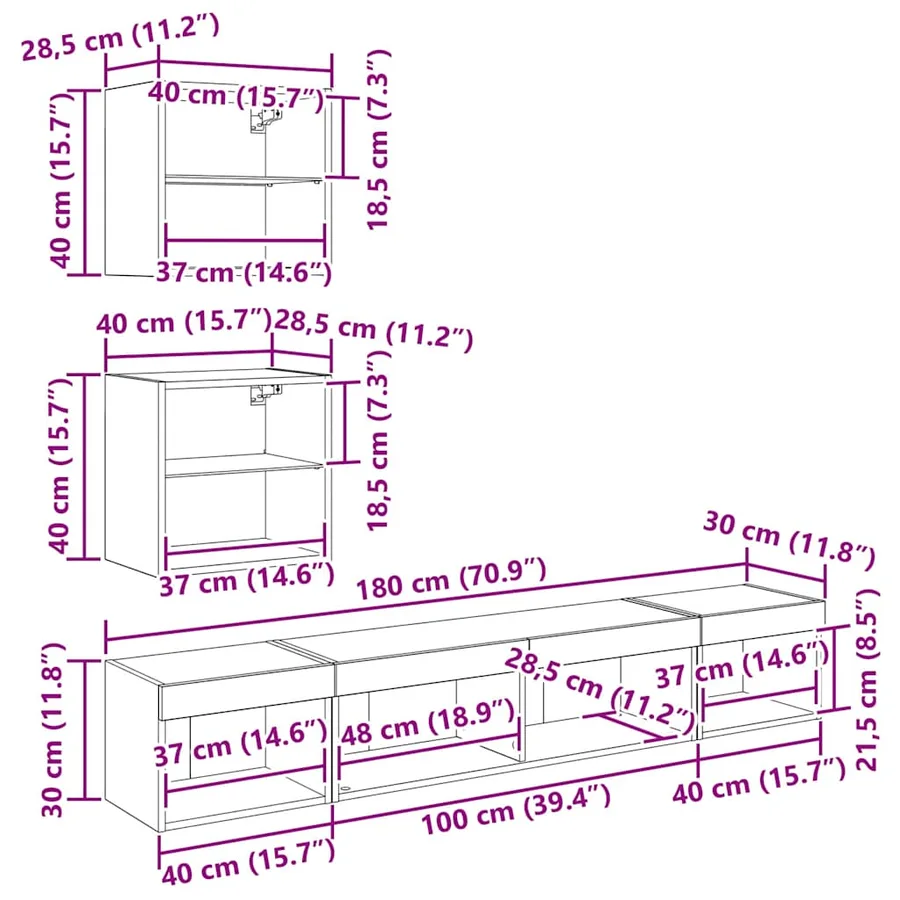 Unités murales TV avec LED 5 pcs Bois ancien Bois d'ingénierie - 16