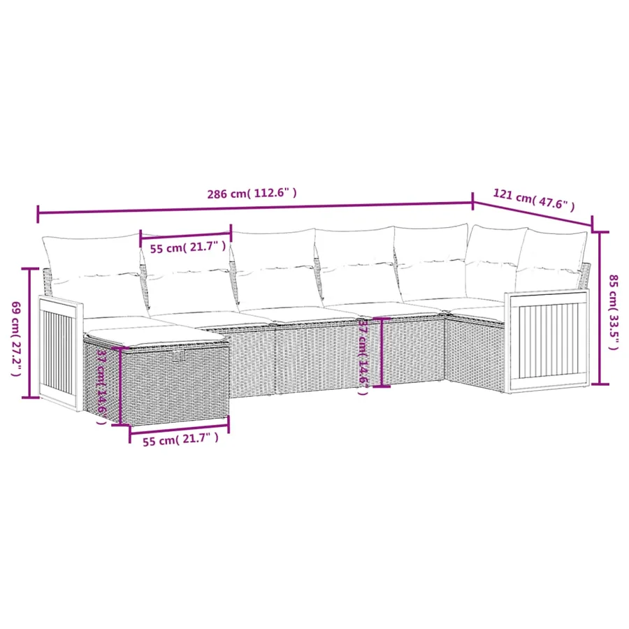 Salon de jardin 7 pcs avec coussins noir résine tressée 62 x 62 x 69 cm - 57,4 kg - 4