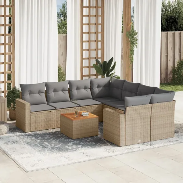 Salon de jardin avec coussins 9 pcs beige résine tressée