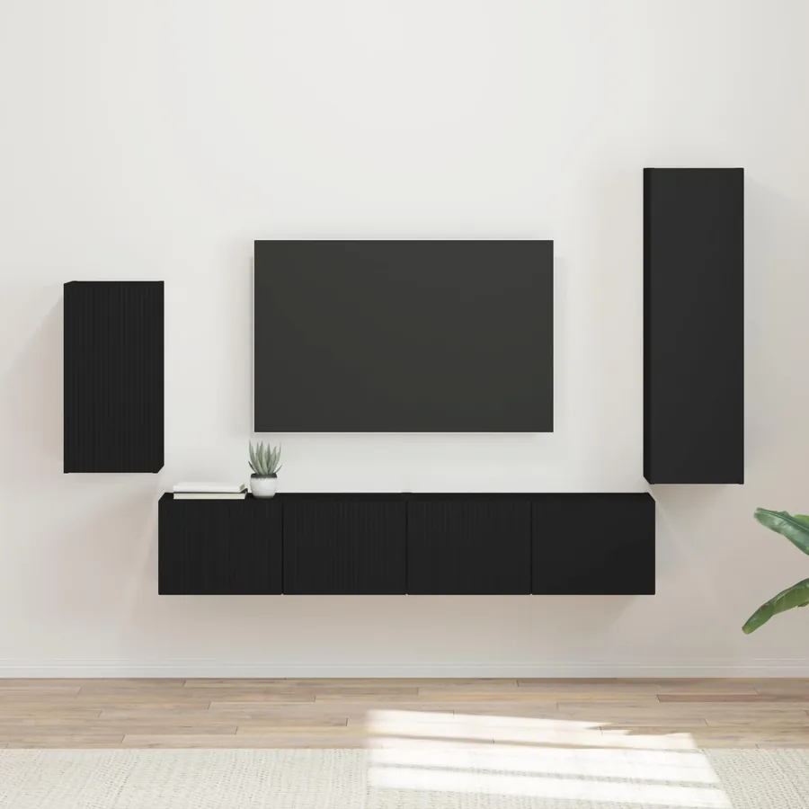 Ensemble meuble TV Montage mural 4 pcs Noir Bois d'ingénierie