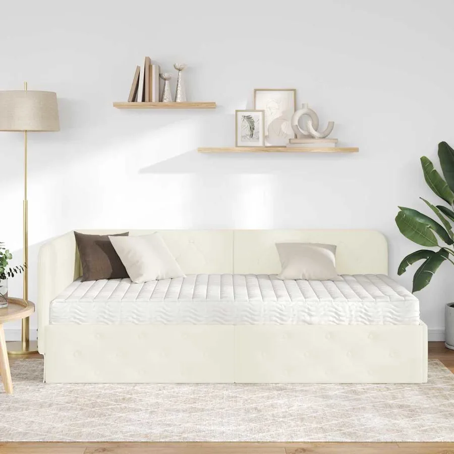Cadre de lit d'angle Crème 90 x 190 cm Velours - 4