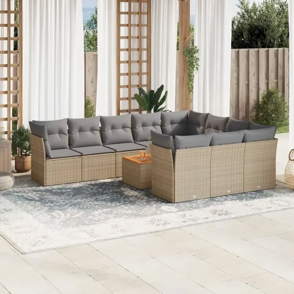 Salon de jardin 11 pcs avec coussins beige résine tressée