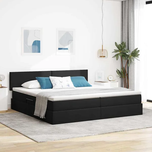 Lit de rangement LED avec matelas Noir 200 x 200 cm Tissu